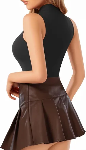 Vista 2 de MANGOPOP - Body de cuello de tortuga simulado sin mangas para mujer, leotardo de camiseta sin mangas