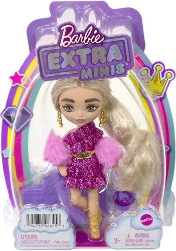 Vista 7 de Barbie Extra Minis - Muñeca y accesorios con cabello rubio con vestido brillante y encogedor peludo, 5.5 pulgadas