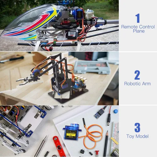 Vista 5 de Sg90 0.32 oz Micro Servo Motor para Arduino RC Coche Robot Barco Avión 3 Unids Mini, Small, 9 Gram, Metal Gear, Digital, 180 Degree, Steering