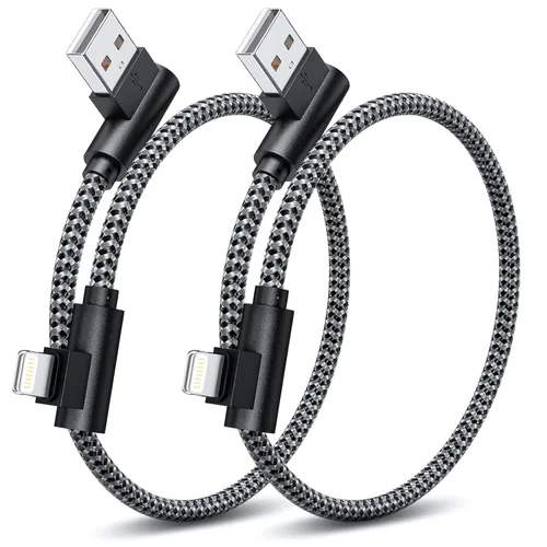 Vista 10 de Cargador para iPhone de 1 pie y 90 grados, 2 unidades, con certificación MFi, cable Lightning corto en ángulo recto, cable de carga rápida para Negro