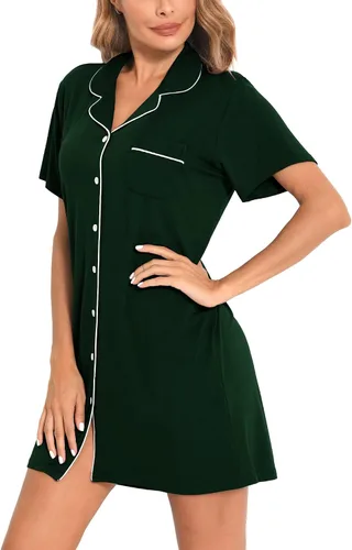 Vista 4 de SWOMOG Camisón de manga corta con botones para mujer, con cuello de muesca, pijama, vestido de pijama