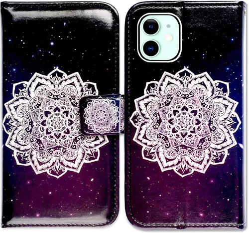 Vista 29 de Bcov Funda para iPhone 11, funda de piel con tapa y función atril para iPhone 11, diseño de flores y mariposas azules