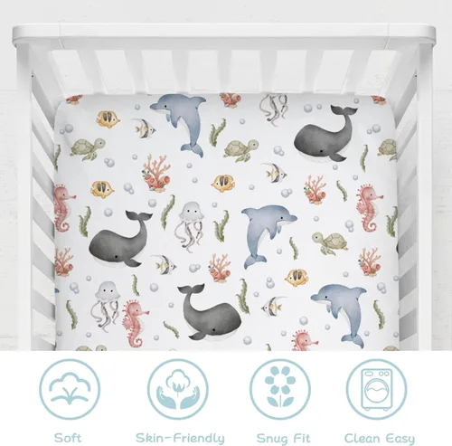 Vista 6 de Sábana bajera ajustable para cuna de bebé, diseño bohemio de animales marinos, 52 x 28 pulgadas, ballena, delfín, medusa, caballo marino, tortuga