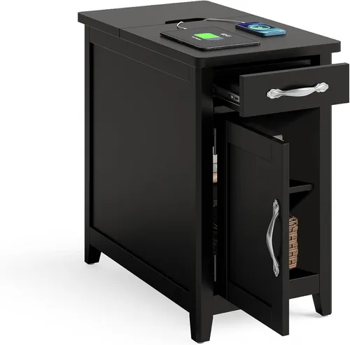 Vista 9 de LINSY HOME - Juego de mesas auxiliares de 2 piezas con estación de carga, mesa auxiliar moderna de estilo granja para sofá, mesa auxiliar de madera