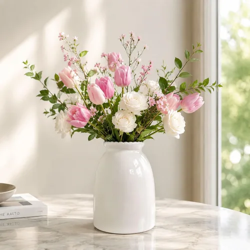 Vista 14 de hjn Florero de Flores Blanco - Florero de cerámica para decoración, jarrón blanco para flores, jarrones modernos para sala de estar/acentos
