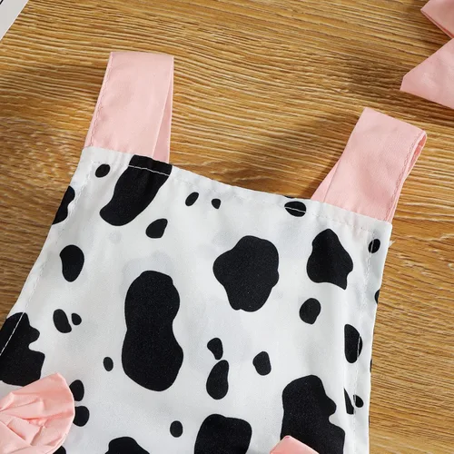 Vista 3 de IDOPIP Mameluco de verano con estampado de vaca, sin mangas, con volantes, espalda descubierta, con diadema, traje de cumpleaños de vaca