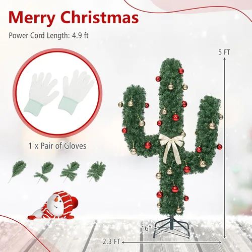 Vista 7 de Goplus Árbol de Navidad artificial de cactus preiluminado de 5 pies con 90 luces LED y adornos de bolas, decoración perfecta para las fiestas