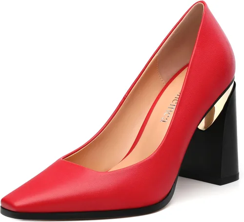Vista 32 de Tacones altos para mujer, zapatos de vestir de tacón grueso con puntera cuadrada cerrada de patente, tacones elegantes, zapatos de vestir diarios
