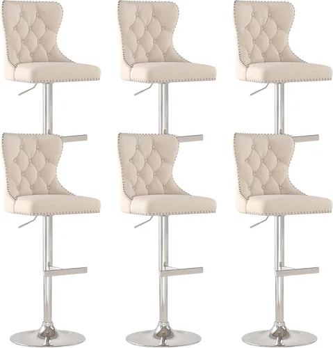 Vista 16 de Juego de 2 taburetes de bar giratorios de terciopelo con respaldo copetudo y base dorada, beige Adjustable Counter Height Barstools with Soft