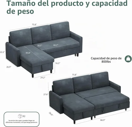 Vista 2 de Shintenchi Sofá cama, sofá cama extraíble, sofá cama extraíble 2 en 1 con diván de almacenamiento para sala de estar, sofá cama, sofás, sofá