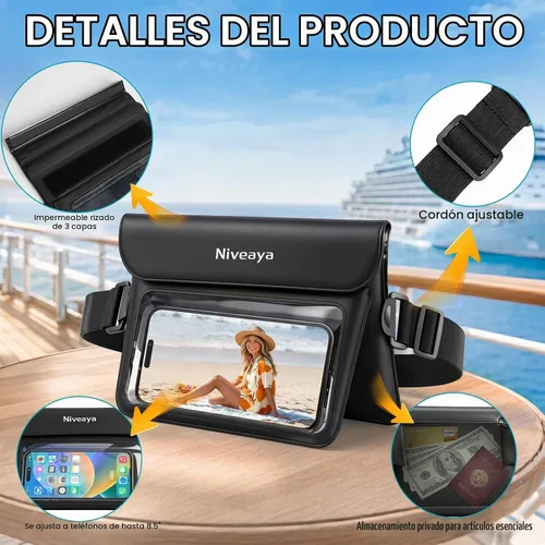 Vista 6 de Niveaya Paquete de 2 riñoneras impermeables para mujeres y hombres, IPX8, bolsa impermeable para cinturón seco para playa, kayak, natación, pantalla