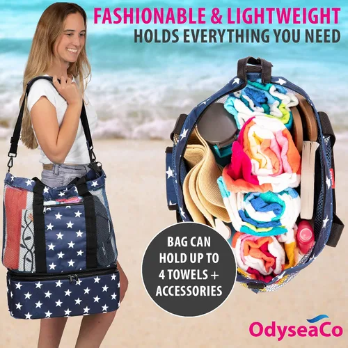 Vista 4 de Odyseaco Bolsa de playa impermeable con compartimento refrigerador, bolsas de playa impermeables a prueba de arena para mujeres, bolsa de piscina