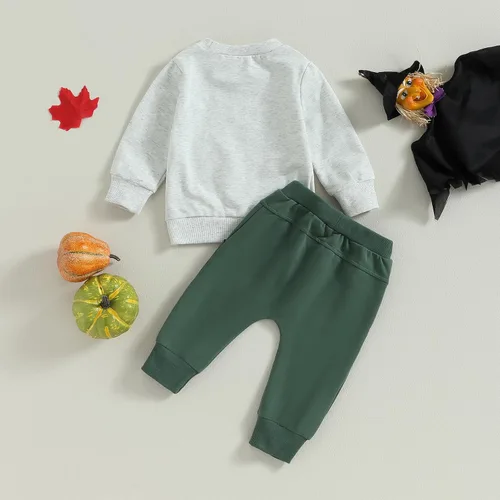Vista 6 de Hnyenmcko Conjunto de 2 piezas de sudadera de manga larga con letras de calabaza para bebé niño, conjunto de 2 piezas, ropa de otoño Gris-A