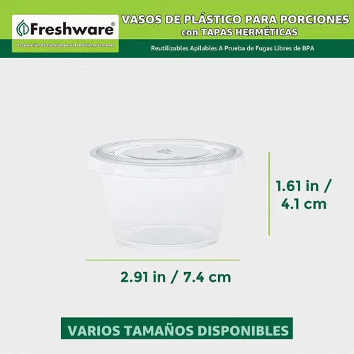 Vista 3 de Freshware Vasos de plástico para porciones con tapas [4 onzas, 200 juegos] vasos de plástico desechables para preparación de comidas, aderezos