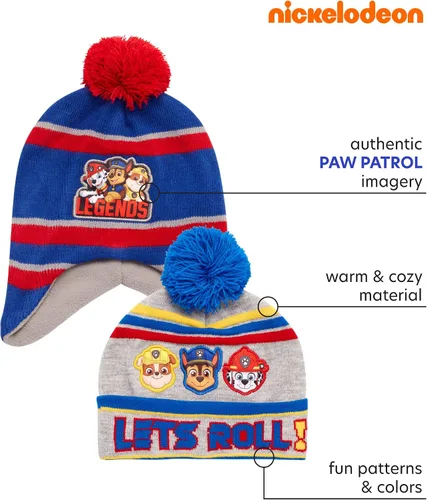 Vista 2 de Nickelodeon Gorro de invierno para niños, paquete de 2 gorros con pompón de Paw Patrol (4-7)