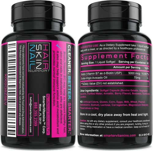 Vista 3 de SmarterVitamins Biotina 5000mcg en aceite de aguacate, vitamina B7, soporte para cabello, piel y uñas, sin OMG, 90 mini cápsulas blandas líquidas