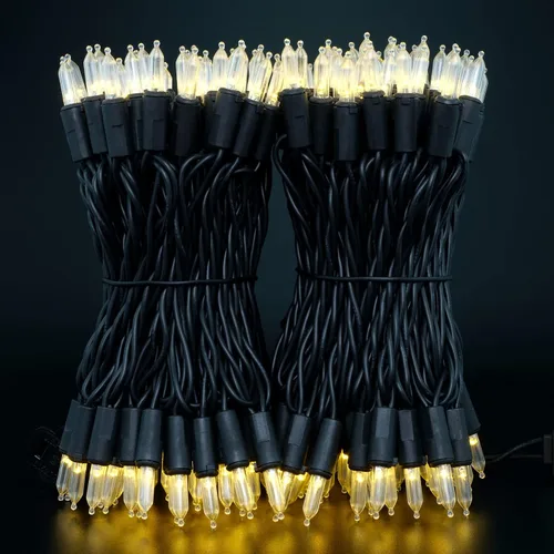 Vista 2 de YULETIME Juego de 200 luces LED de Navidad de color blanco cálido con cable negro, paquete de 2 hebras de 33 pies, 100 luces con certificación UL
