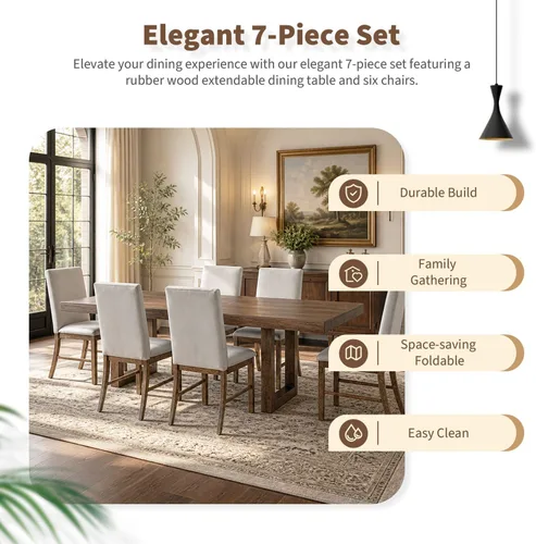 Vista 5 de LUMISOL 7 Piece Dining Table Set for 6, 60 to 72 Inch Extendable Dining Table with 12 Inch Butterfly Leaf and 6 Upholstered Chairs, Rustic Wood Brown