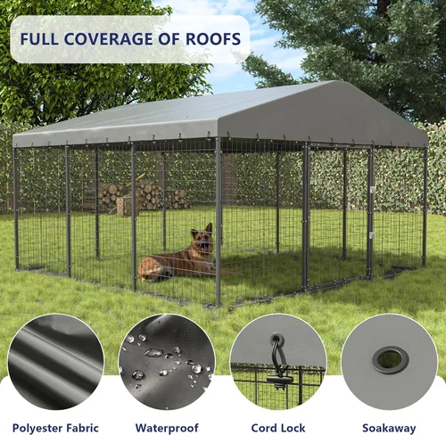 Vista 2 de Perrera grande para perros de 10 x 10 x 6 pies, jaula resistente con doble cerradura, perrera para perros al aire libre con cubierta impermeable