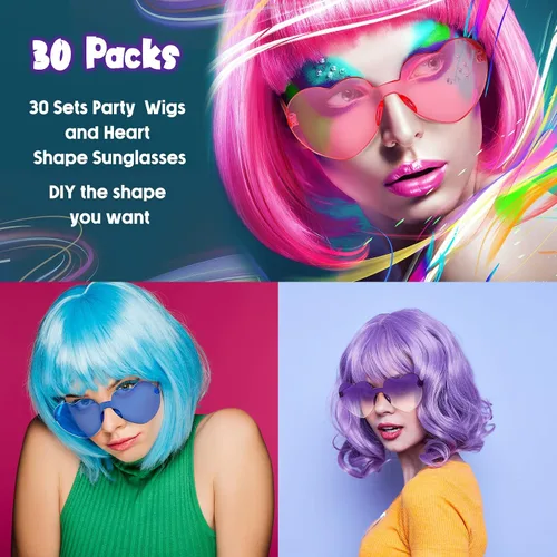 Vista 5 de Juego de 60 pelucas de fiesta y gafas de sol, peluca corta de neón, pelucas de fiesta para cosplay, pelucas coloridas para despedidas de soltera