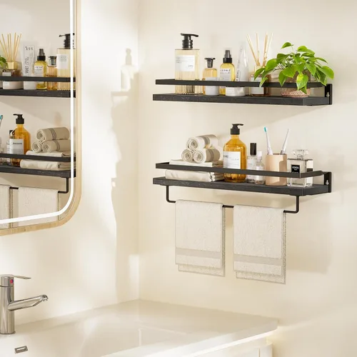 Vista 2 de AMADA HOMEFURNISHING AMFS01B - Estantes de baño con toallero, estantes flotantes, estantes de pared para baño/sala de estar/cocina/dormitorio