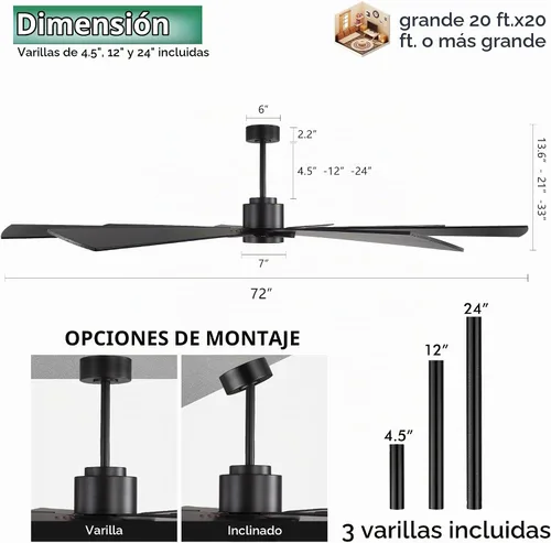 Vista 4 de WINGBO Ventilador de techo CC de 72 pulgadas con luces y 3 varillas descendentes, negro mate, 8 cuchillas de madera contrachapada, motor CC