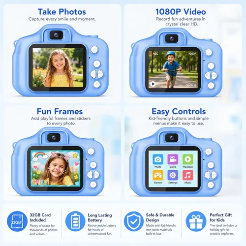 Vista 8 de Cámara de juguete para niños, regalos de Navidad, cumpleaños, festival para niños de 3 a 10 años, cámara de video digital HD para niños pequeños