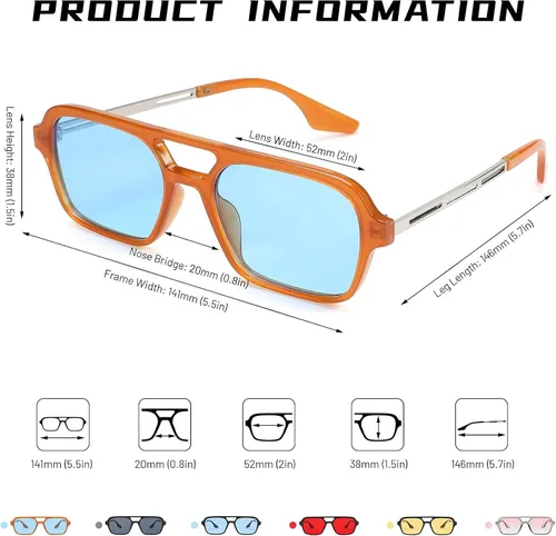 Vista 5 de Hycredi Gafas de sol planas retro de los años 70, gafas cuadradas vintage para mujeres y hombres, diseño de metal, protección UV