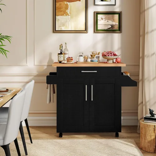 Vista 3 de Giantex Isla de cocina, carrito de cocina rodante con estante para especias y toallero, cajón grande y armario de almacenamiento de 2 puertas