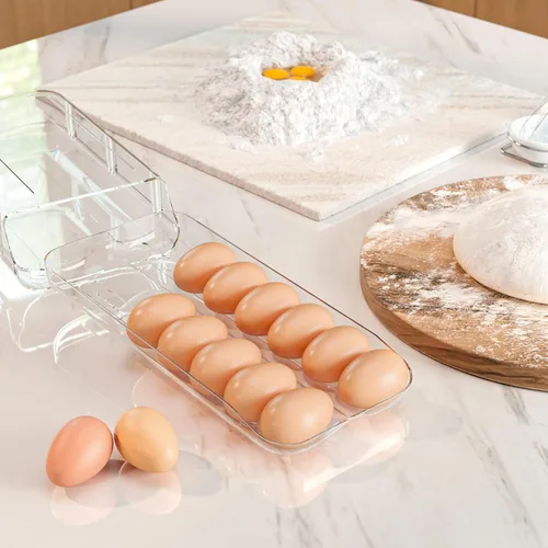 Vista 7 de theaoo Soporte para huevos para refrigerador, contenedor de huevos enrollable automático para refrigerador, dispensador de huevos de plástico