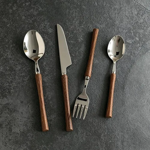 Vista 7 de Juego de cubiertos de madera para 6 cubiertos de acero inoxidable de alta calidad, juego de 30 piezas de cubiertos de madera, incluye cuchillos