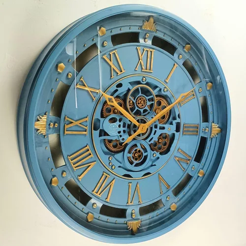 Vista 5 de ImprovingLife The Gears Clock - Reloj de pared de 26 pulgadas con engranajes móviles reales línea Bélgica con cubierta de cristal (azul, 26 pulgadas)
