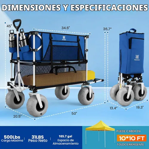 Vista 6 de [Usado] Navatiee Carro de playa de doble piso de 500 libras, carrito de playa resistente de gran capacidad de 400 litros con ruedas de globo de 9