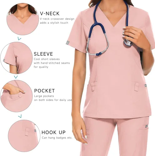 Vista 5 de niaahinn Conjunto de uniforme médico para mujer camiseta médica clásica con cuello en V y bolsillo y pantalones quirúrgicos