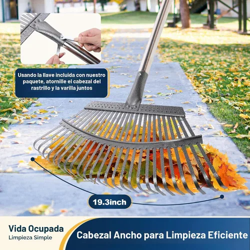 Vista 2 de Yocada Rastrillo de hojas de jardín de 19.3 pulgadas, ancho, resistente, ajustable, mango largo, rastrillo de jardín para hojas de patio, jardín