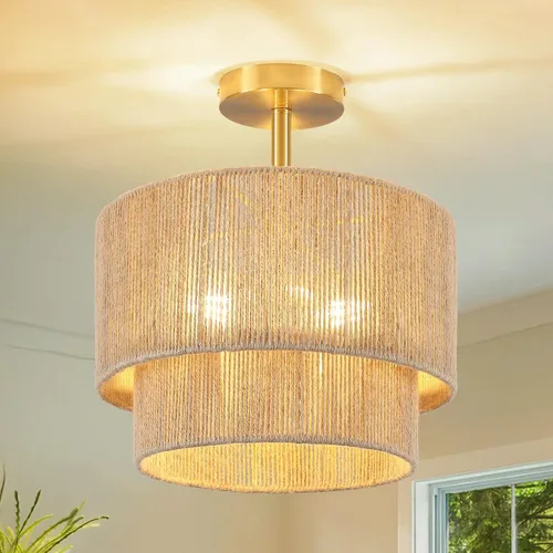 Vista 12 de 12.6" Boho Light Fixtures Ceiling Mount, Coastal Hemp Rope Semi Flush Mount Ceiling Light,3-Light Rustic Rattan Ceiling Light With 2-Tier Drum Shade
