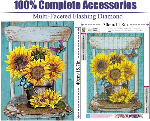 Vista 2 de Kits de pintura de diamante de girasol para adultos, kits de pintura de diamante 5D por números para adultos y niños, puntos de diamante, arte