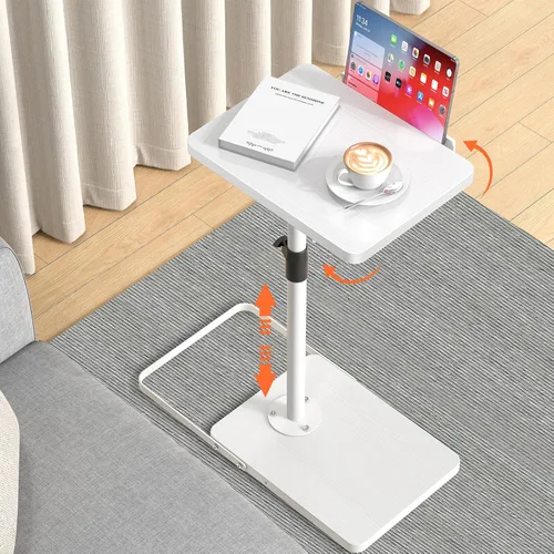 Vista 9 de Mesa de TV para sofá, altura ajustable/giro de 360°/diseño de panel abatible de 180°, mesa auxiliar lateral en forma de C, mesa lateral para brazo