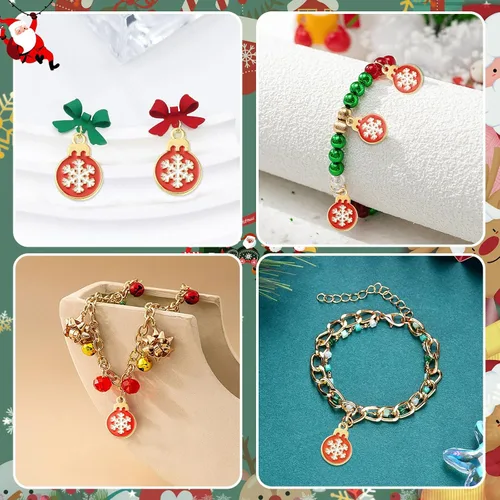 Vista 6 de LiQunSweet 100 adornos de bola de Navidad rojos, dijes esmaltados de copos de nieve dorados para hacer joyas