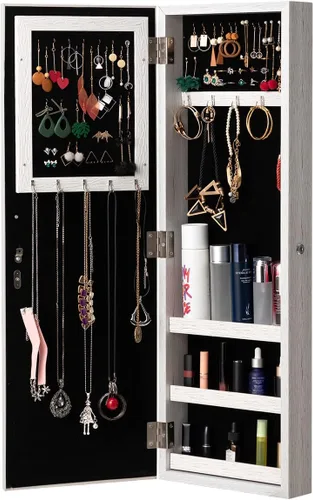 Vista 9 de HollyHOME Armario de joyería con espejo, con cerradura, montado en la puerta, organizador de joyas con espejo de longitud completa, ahorro