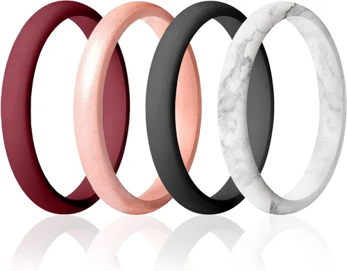 Vista 11 de ROQ - Anillo de boda de silicona para mujer, delgado apilable, bisel en forma de cuchillo, 2.5 mm de ancho, 2 mm de grosor, negro, mármol Blanco