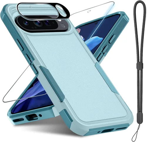 Vista 12 de Janmitta Funda para Google Pixel 9 Pro XL con protector de pantalla + protector de lente de cámara + correa de muñeca, resistente a prueba de NEGRO