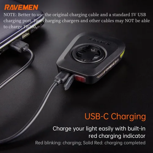 Vista 5 de RAVEMEN FR300/ FR160 Compatible with Garmin Bike Computer, Daytime Be Seen Bicycle Light, 6 Modes Cycling Computer Accessories, USB-C Rechargeable