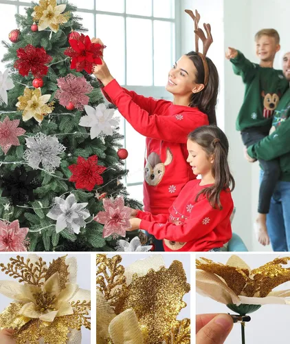 Vista 6 de RECUTMS 60 PCS Flores Artificiales de Nochebuena para Decoración del Árbol de Navidad Juego con Clip, 18 Flores de Nochebuena con 12 Tallos de Bayas