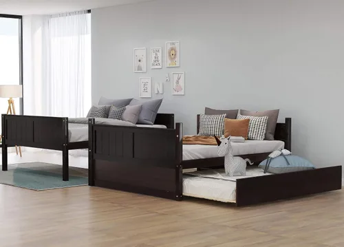 Vista 3 de Litera matrimonial sobre matrimonial con nido, 725 libras, resistente plataforma de tamaño matrimonial, cama de madera de pino con cabecero, tabla