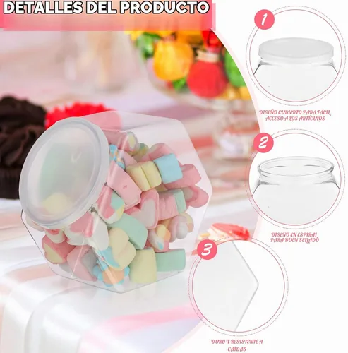 Vista 3 de Yahenda 8 tarros hexagonales de plástico para galletas con tapas herméticas, tarros transparentes para dulces, boca ancha y redonda