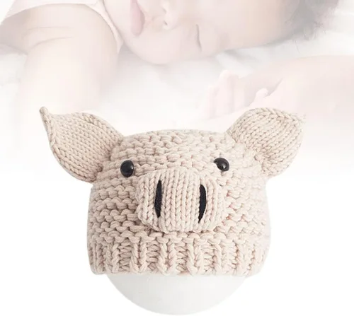 Vista 9 de Sombrero de punto para recién nacido, accesorios para fotografía de bebé, accesorios para fotos de cerdo de dibujos animados, color beige