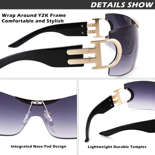 Vista 5 de Sunglasses For Women Men Fashion Shield Rimless Wrap Around Sunglass Trendy Oversized Square Sun Glasses