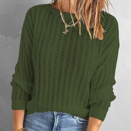 Vista 3 de Suéter de punto con cuello redondo para mujer, suéter informal de manga completa para invierno y otoño, suéter suave con huecos
