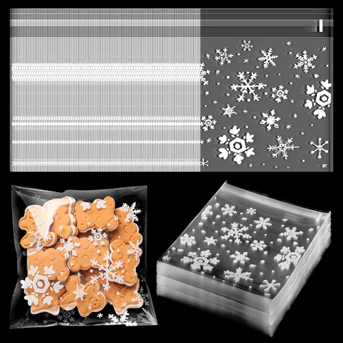 Vista 8 de Yinder 500 bolsas de invierno para galletas de invierno, bolsa de celofán con copos de nieve, bolsa de dulces autoadhesiva para suministros de Blanco